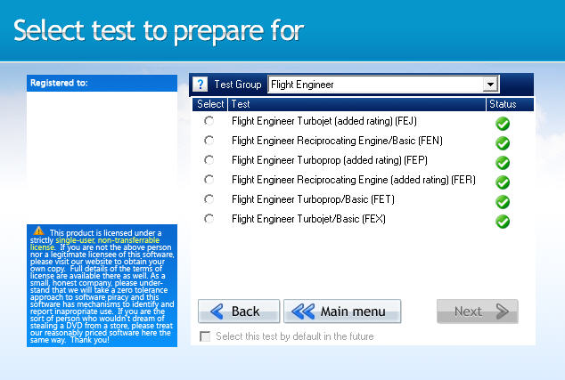 GroundSchool FLIGHTENGINEER Test Selection Screen